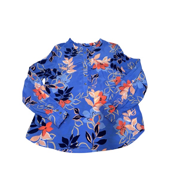 Talbots Blue Ruffle Trim Popover Floral Top Blouse Large Half-Placket‎ Buttons - Picture 4 of 10